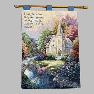 Psalm 122:1 Little White Country Church Tapestry Wall Hanging with Finial Rod!!